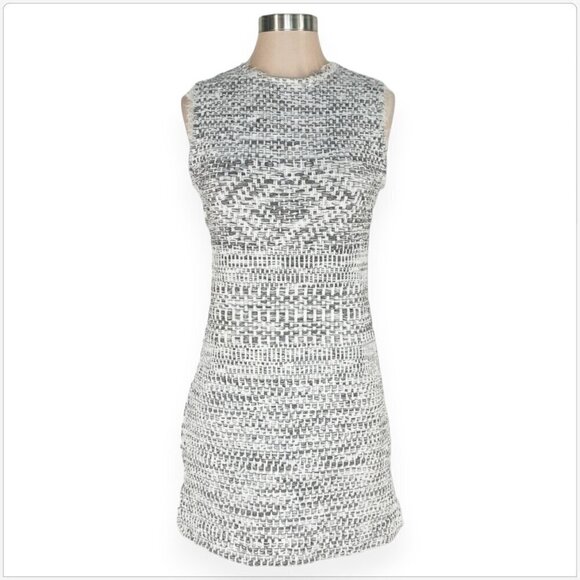 Adolfo Dominguez White Gray Crochet Woven Look Fringe Trim Mini Dress Size S - Picture 2 of 5